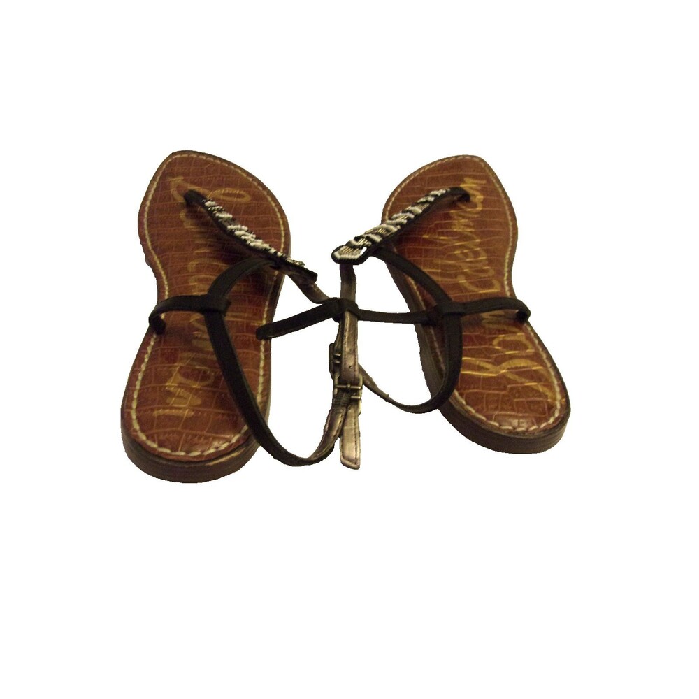 Sam Edelman Grace Sandals Size 7 Beaded Strap Leather Black White Flats - Picture 4 of 5